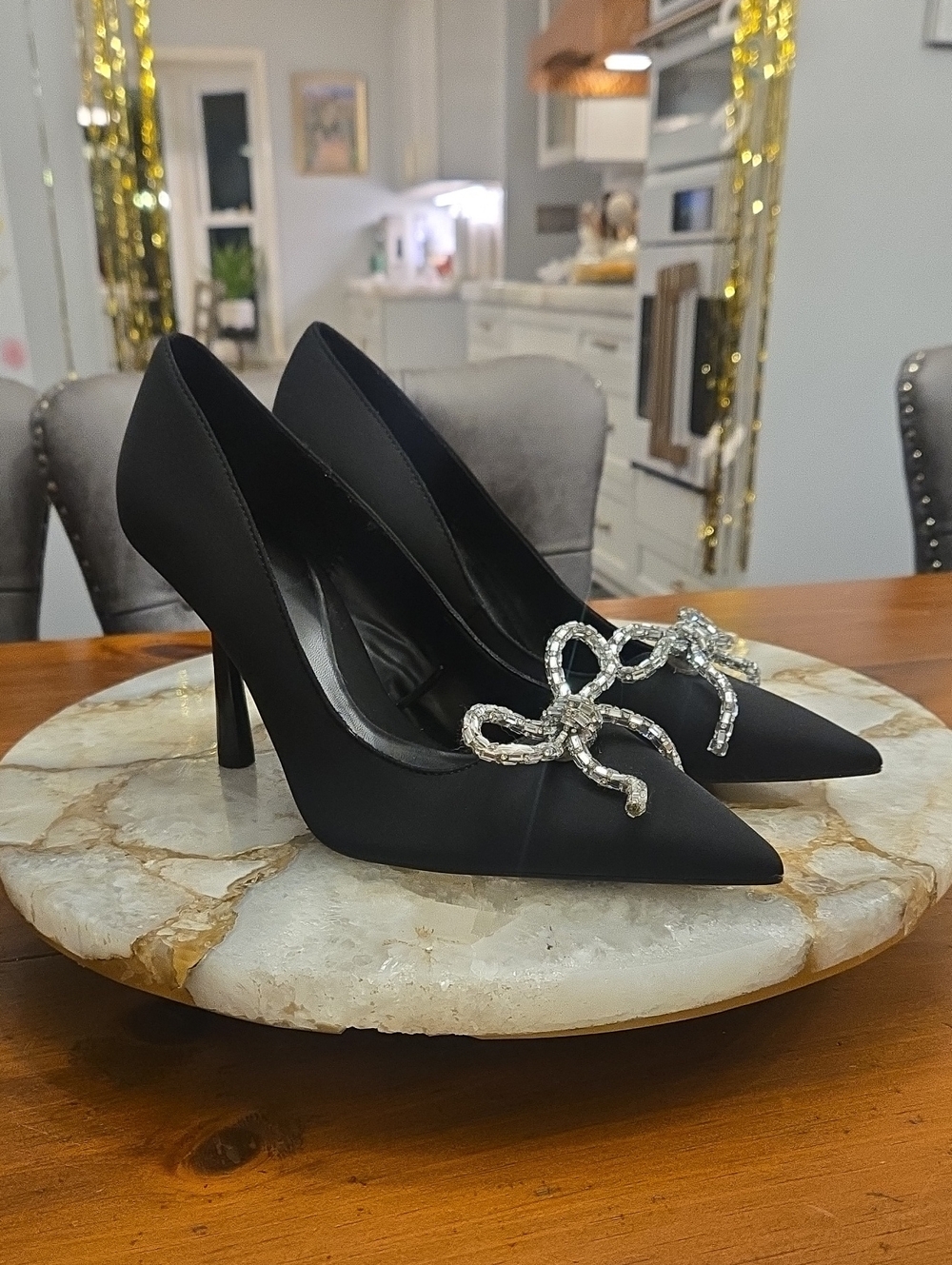 Euc Zara Embellished Bow Heeled Shoes Black EU 41
